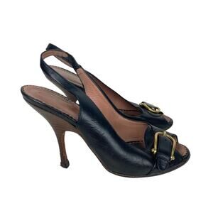 YVES SAINT LAURENT Black Leather Sling Back Heels - Size 36.5